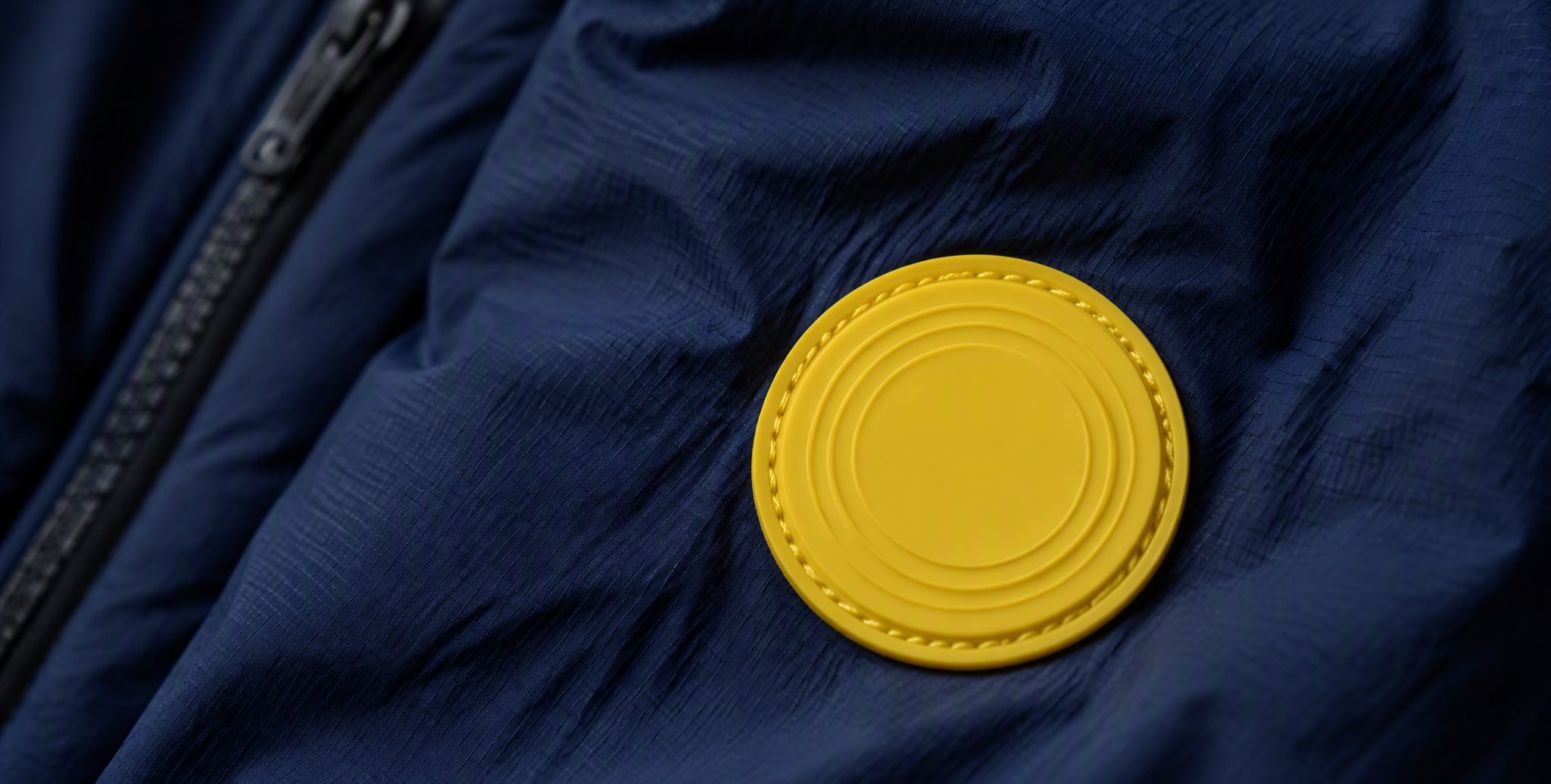 The yellow badge on navy technical fabric